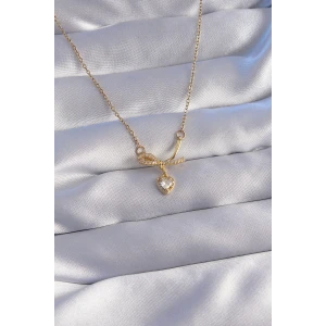 316L Çelik Zincir Gold Renk Zirkon Taşlı Yarım Fiyonk Kalp Kolye