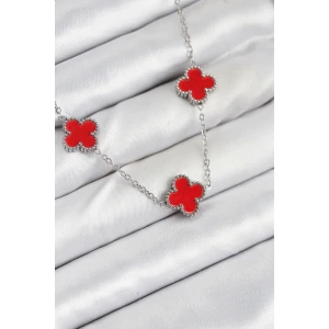 316L Çelik Zincir Gümüş Kırmızı Renk Yonca Kadın Kolye