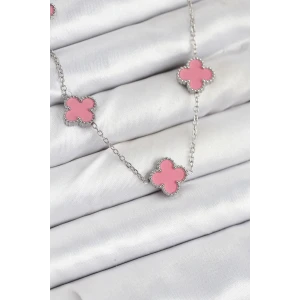 316L Çelik Zincir Gümüş Pembe Renk Yonca Kadın Kolye