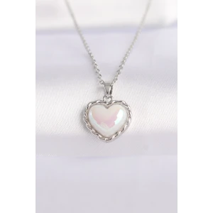 316L Çelik Zincir Gümüş Renk Beyaz Taşlı Bombeli Kalp Kolye