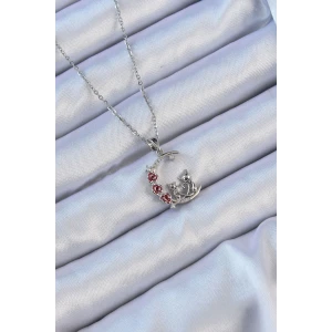 316L Çelik Zincir Gümüş Renk Kırmızı Gül Detay Kedi Figür Zirkon Taşlı Ay Kolye