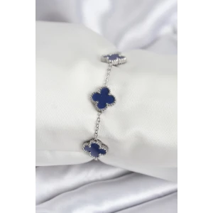 316L Çelik Zincir Gümüş Renk Lacivert Yonca Kadın Bileklik