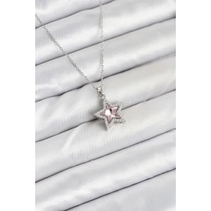 316L Çelik Zincir Gümüş Renk Pembe Taşlı Yıldız Model Kadın Kolye
