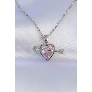316L Çelik Zincir Gümüş Renk Pembe Zirkon Taşlı Eros Kolye