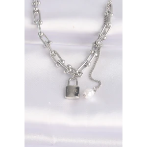 316L Çelik Zincir Gümüş Renk Zincirli Love Yazılı Kilit Kolye