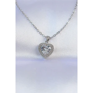 316L Çelik Zincir Gümüş Renk Zirkon Taşlı Charm Kalp Kolye
