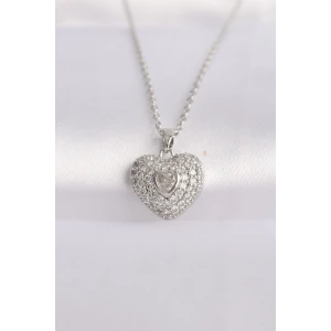 316L Çelik Zincir Gümüş Renk Zirkon Taşlı Kalp Kolye