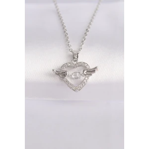 316L Çelik Zincir Gümüş Renk Zirkon Taşlı Kanatlı Kalp Kolye