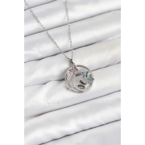 316L Çelik Zincir Gümüş Renk Zirkon Taşlı Kelebekli Kadın Kolye