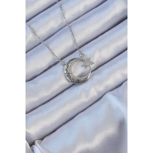 316L Çelik Zincir Gümüş Renk Zirkon Taşlı Motifli Ay Yıldız Kolye