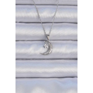 316L Çelik Zincir Gümüş Renk Zirkon Taşlı Sallantılı Ay Yıldız Kolye
