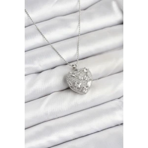316L Çelik Zincir Gümüş Zirkon Taşlı Kalpli Kadın Kolye