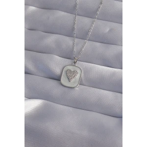 316L Çelik Zincir Mermer Desenli Gümüş Renk Zirkon Taşlı Kalp Model Kolye