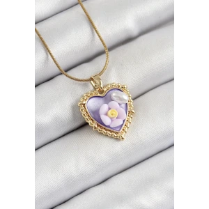 316L Çelik Zincir Mor Sanatsal Portre İnci Detaylı Papatya Figürlü Kalp Model Gold Renk Kadın Kolye