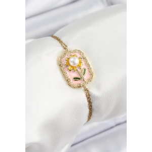 316L Çelik Zincir Pembe Mineli Sanatsal Portre İnci Detaylı Papatya Model Gold Renk Kadın Bileklik