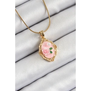 316L Çelik Zincir Pembe Sanatsal Portre İnci Detaylı Gül Figürlü Model Gold Renk Kadın Kolye