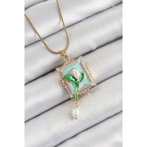 316L Çelik Zincir Turkuaz Sanatsal Portre Sallantılı İnci Detaylı Lale Model Gold Renk Kadın Kolye