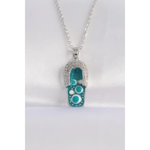 316L Çelik Zincir Zirkon Taşlı Gümüş Renk Nazarlı Terlik Tasarımlı Kolye