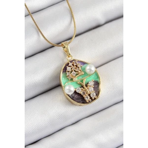 316L Çelik Zincir Zirkon Taşlı Yeşil Mor Sanatsal Portre İnci Detaylı Ağaç Ve Kelebek Figürlü Model Gold Renk Kadın Kolye