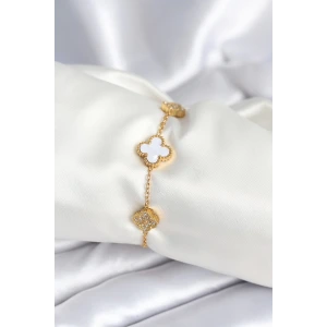 316L Çelik Zincir Zirkon Taşlı Yonca Beyaz Kadın Bileklik