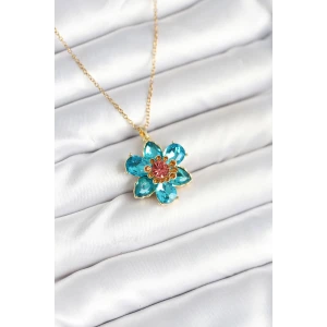 316L Çelik Zincirli Mavi Çiçek Model Kadın Kolye