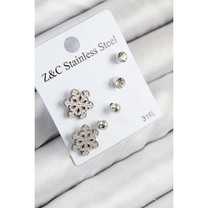 316L Çelik Zirkon Taşlı Kar Tanesi Model Gümüş Renk Kadın Set Küpe