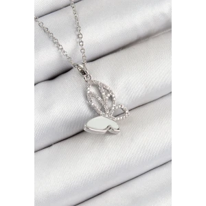 316L Çelik Zirkon Taşlı Kelebek Model Gümüş Renk Kadın Kolye