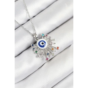 316L Çelik Zirkon Taşlı Nazar Model Gümüş Renk Kadın Kolye