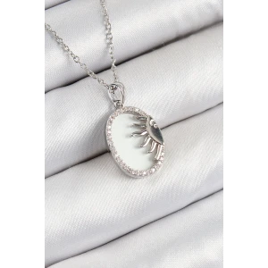 316L Çelik Zirkon Taşlı Yarım Güneş Model Gümüş Renk Kadın Kolye