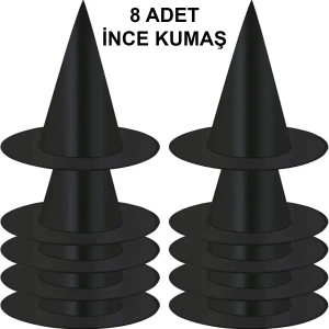 8 Adet Siyah Cadı Şapkası – Yetişkin  Çocuk Kostüm Aksesuarı