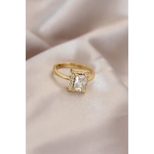 Ayarlamalı Gold Renk Metal Zirkon ve Kristal Taşlı Dikdörtgen Model Yüzük