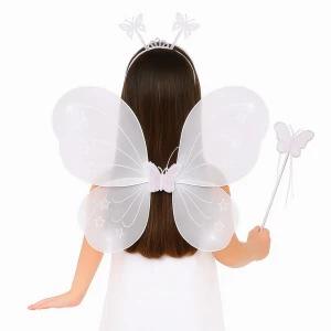 Beyaz Kelebek Kız Seti – 50 Cm Kelebek Kanadı, Taç Ve Asa