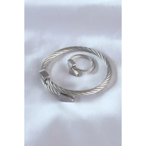 Çelik Gümüş Renk Burgu Model Erkek Bileklik Yüzük Seti