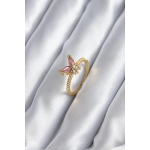 Gold Renk Pembe Zirkon Taşlı Kelebek Model Kadın Yüzük