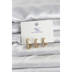 Gold Renk Pirinç Zirkon Taşlı Kalpli Kadın Küpe