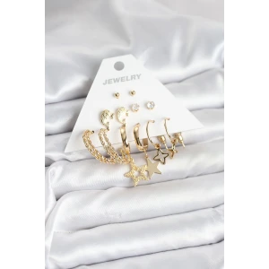 Gold Renk Yıldızlı Set 6 Çift Kadın Küpe Seti