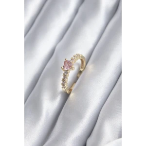 Gold Renk Zirkon Taşlı Pembe Kristal Kalp Model Kadın Yüzük