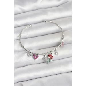 Gül Charmlı Gümüş Renk Pirinç Kadın Bileklik