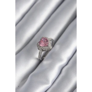 Gümüş Renk Pembe Zirkon Taşlı Charm Kalp Model Kadın Yüzük