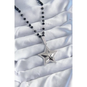 Gümüş Renk Siyah Boncuk Zirkon Taşlı Pirinç Yıldız Model VİP Seri Kadın Kolye