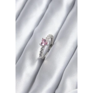Gümüş Renk Zirkon Taşlı Pembe Kristal Kalp Model Kadın Yüzük