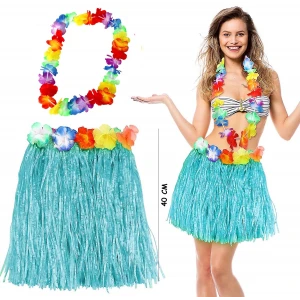 Hawaii Luau Aloha Mavi Püsküllü 40 Cm Etek Ve Hawaii Kolye Seti