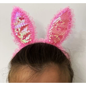 Kenarları Dantelli Pembe Pullu Payetli Led Işıklı Tavşan Kulak Taç 23x19 Cm