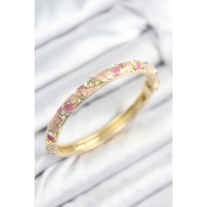 Mineli Pirinç Zirkon Taşlı Pembe Çiçek Motifli Gold Kadın Kelepçe