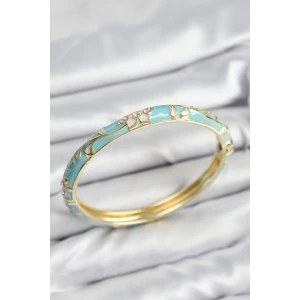 Mineli Pirinç Zirkon Taşlı Turkuaz Çiçek Motifli Gold Kadın Kelepçe