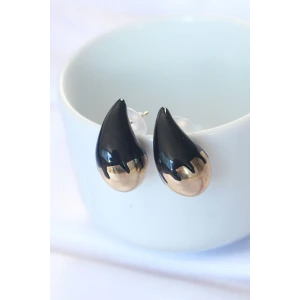 Minimal Siyah Mineli Çift Renk Damla Küpe