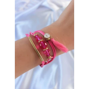 Pembe Zirkon Taşlı İpli Püskül Detay Çoklu Bileklik