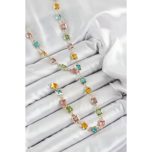 Pirinç Asorti Kare Model Gold Renk Zirkon Taşlı Y Kolye