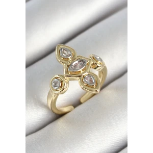 Pirinç Beş Taş Trend Figür Zirkon Taşlı Gold Renk Ayarlanabilir Kadın Yüzük