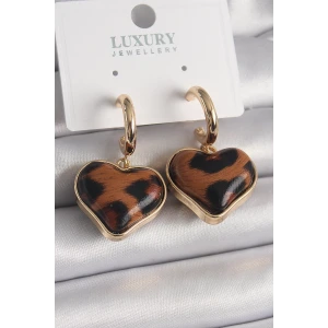 Pirinç Gold Renk 3D Kalp Leopar Desen Model Kadın Küpe